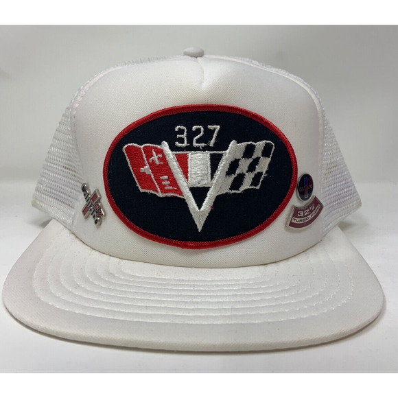 Vintage 327 Chevy Camaro V-Flags Logo Cap Adjustable White Trucker Hat with Pins - Picture 1 of 7
